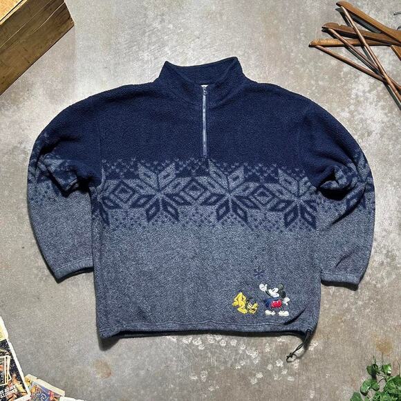 Vintage 90s Disney Store Mickey Mouse Fleece Quarter Zip Pullover Sweatshirt L - Picture 1 of 6